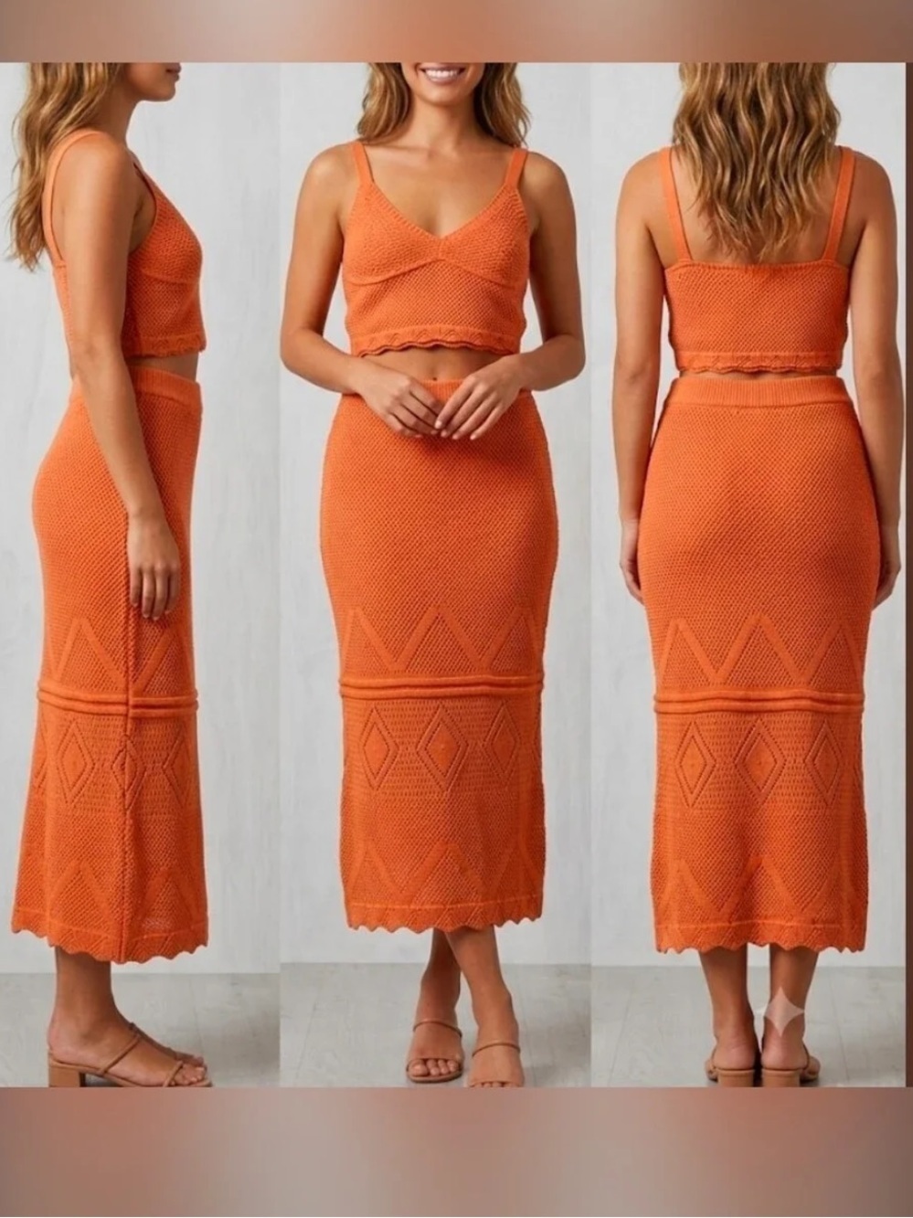 Willow & Wind Crochet Knit Midi Skirt and Top Matching Set in Orange Size Large